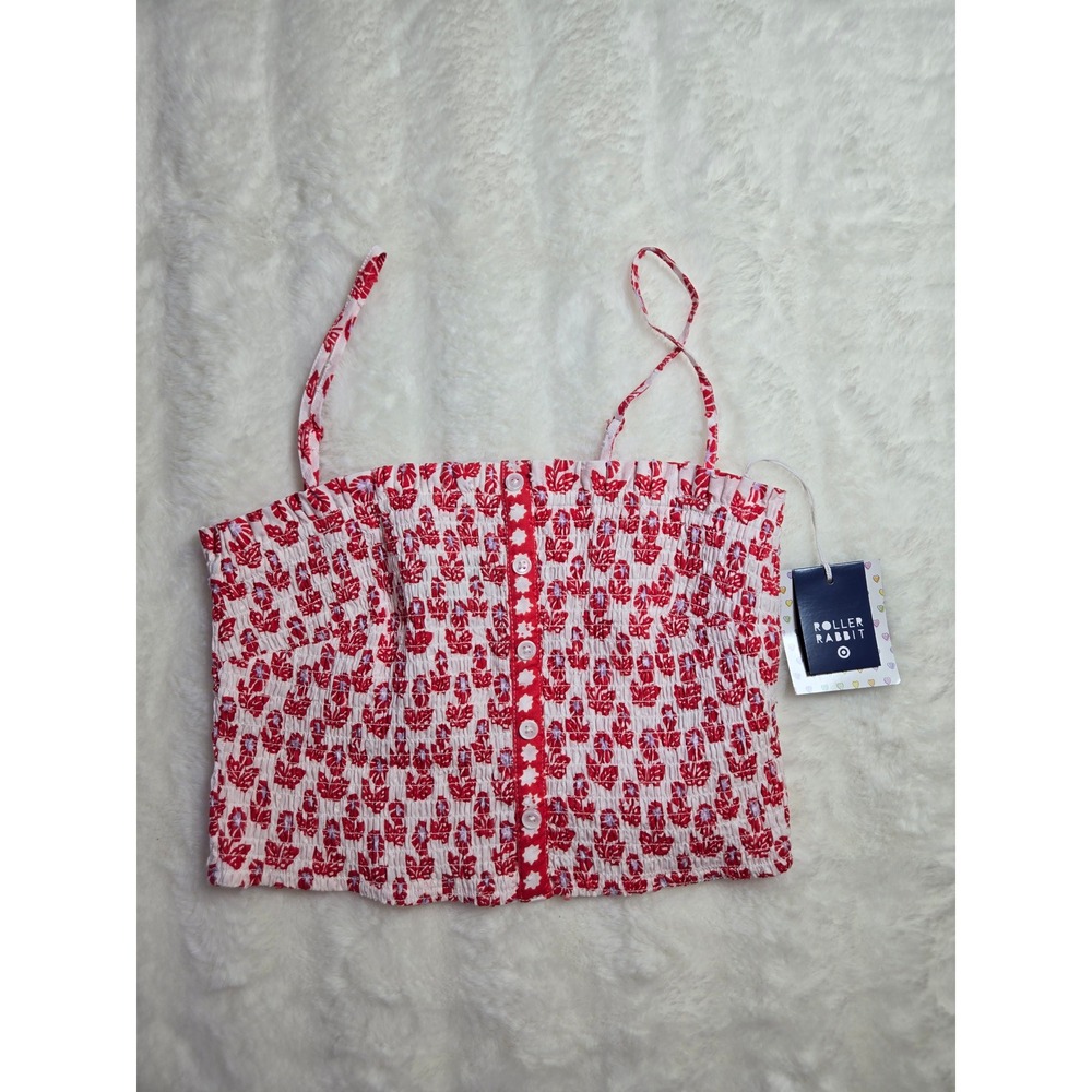 Roller Rabbit Red White Floral Smocked Cami Tank Top‎ Small NWT